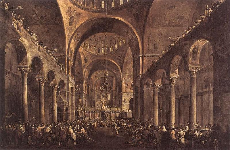 GUARDI, Francesco Doge Alvise IV Mocenigo Appears to the People in St Mark s Basilica in 1763